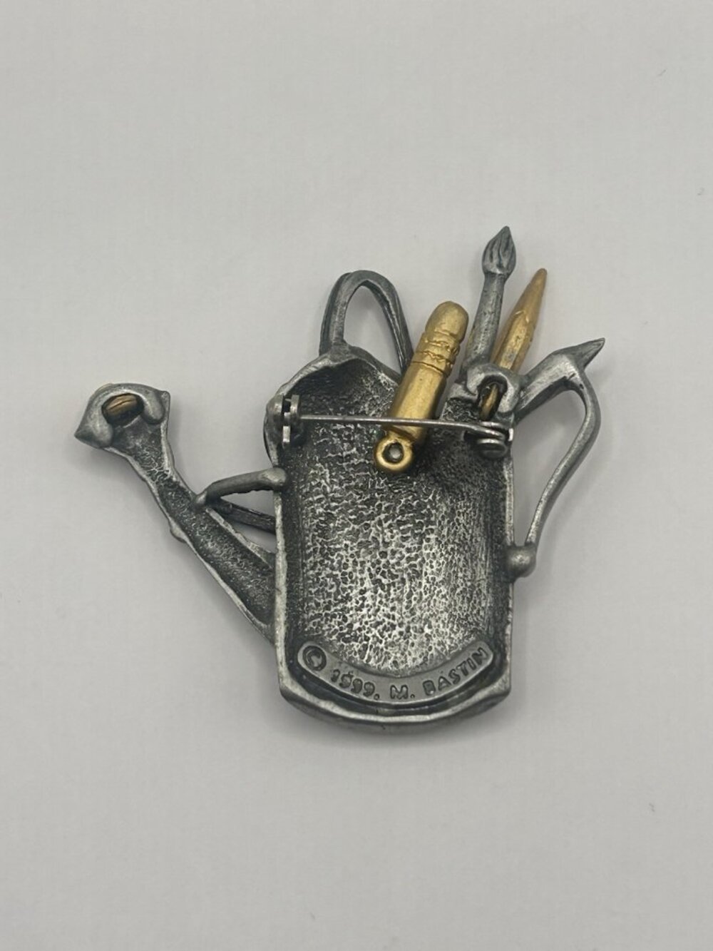 Marjolein Basin Silvertone Watering Can Brooch Goldtone Pencil & Paintbrush Gift - Picture 8 of 9
